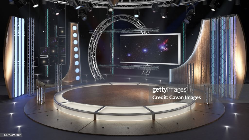 Virtual TV Studio Set. Green screen background. 3d Rendering