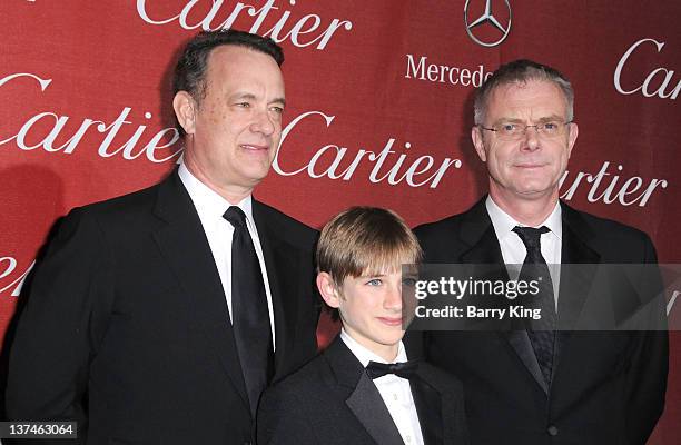 Actor Tom Hanks, actor Thomas Horn and director Stephen Daldry arrive at the 23rd Annual Palm Springs International Film Festival Awards Gala at Palm...