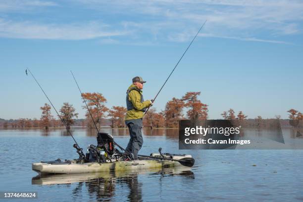 man kayak fishing in cypress forest - caddo lake stock pictures, royalty-free photos & images