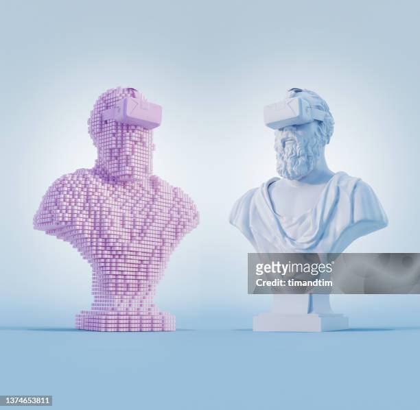classic statue made of pixels beside marble classic statue with ar headset - pre game stockfoto's en -beelden
