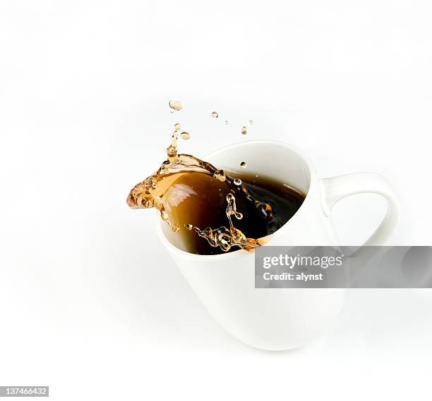 splashing cup of coffee with copy space - white cup stock pictures, royalty-free photos & images