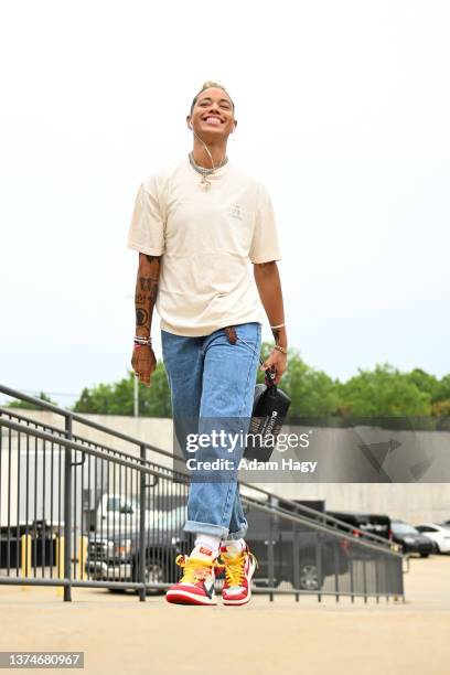 Natasha Cloud of the Washington Mystics arrives to the arena prior to the game against the Atlanta Dream on June 30, 2023 at Gateway Center Arena at...