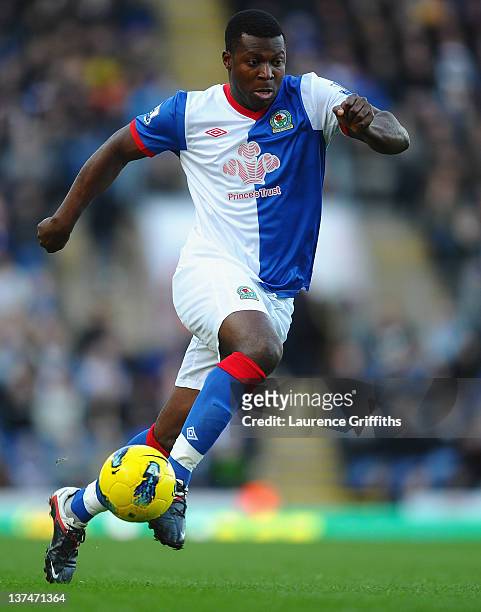Yakubu of Blackburn in action during the Barclays Premier League match between Blackburn Rovers and Fulham at Ewood park on January 14, 2012 in...