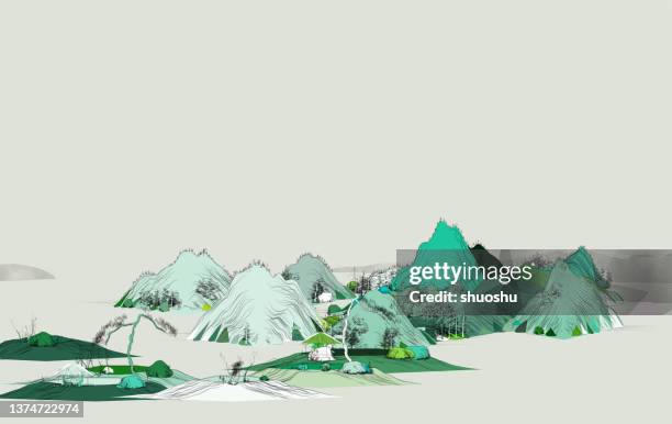 color traditional chinese landscape painting,abstract mountainand river nature illustration - chinese landscape painting stock illustrations