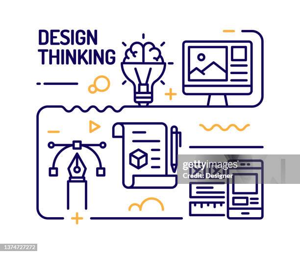 ilustraciones, imágenes clip art, dibujos animados e iconos de stock de concepto de pensamiento de diseño, ilustración vectorial de estilo de línea - design thinking