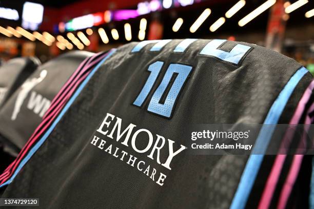 Detail view of a Rhyne Howard of the Atlanta Dream jersey prior to the game against the Washington Mystics on June 30, 2023 at Gateway Center Arena...