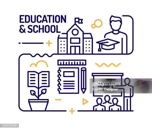education and school concept, line style vector illustration - kids certificate template stock illustrations