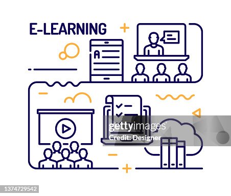 E-Learning Concept, Line Style Vector Illustration E-Learning Concept, Line Style Vector Illustration