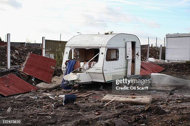Derelict caravan in the portion of the Dale Farm traveller's camp cleared of residents and structures by Basildon Council on January 21, 2012 in...