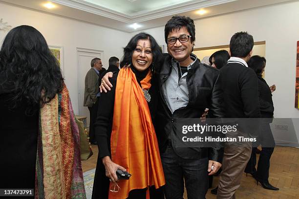 Kathak Dancer Shovana Narayan with Artist Niladri Paul attend a solo art exhibition by artist Trishla Jain at 4 Tilak Marg on January 19, 2012 in New...