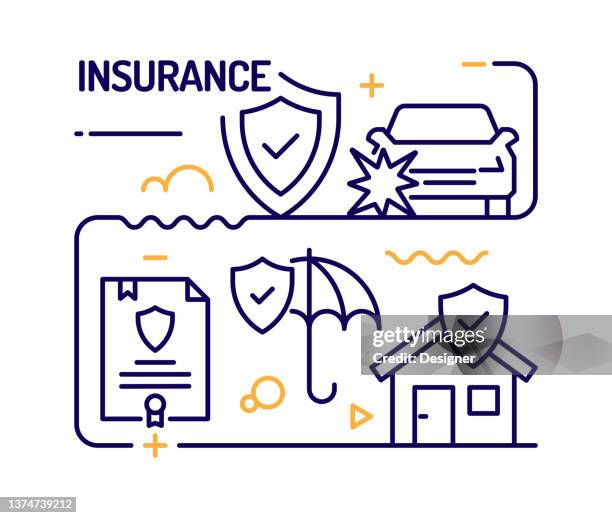 insurance and protection concept, line style vector illustration - travel insurance stock illustrations