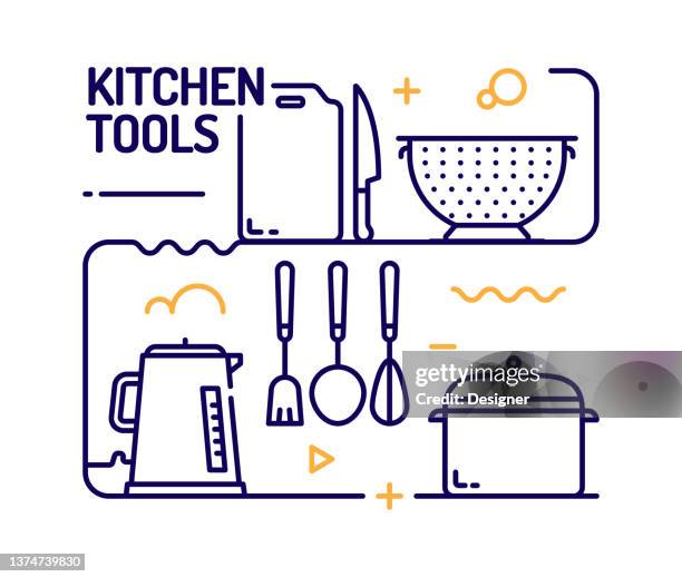 kitchen tools concept, line style vector illustration - colander stock illustrations