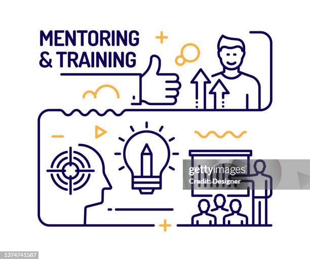 mentoring and training concept, line style vector illustration - mentorship icon stock illustrations