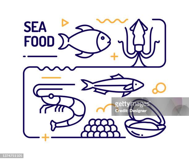 illustrazioni stock, clip art, cartoni animati e icone di tendenza di concetto di frutti di mare, illustrazione vettoriale in stile linea - seafood