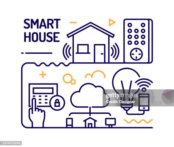smart house concept, line style vector illustration - remote temperature control stock illustrations
