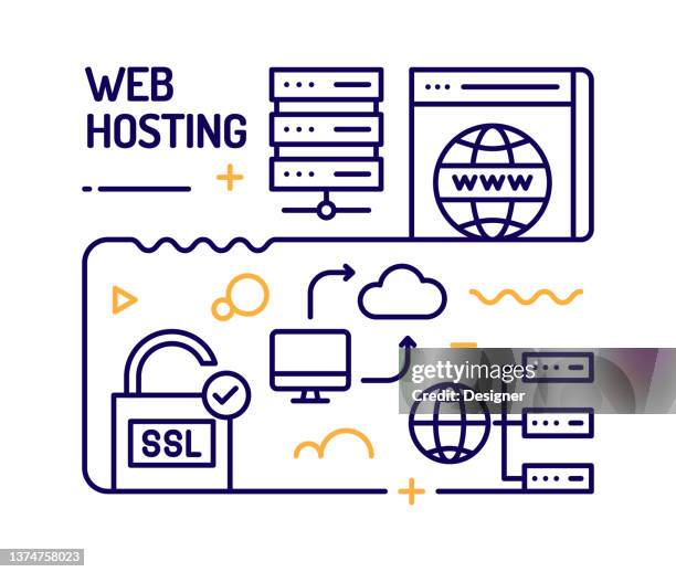 illustrazioni stock, clip art, cartoni animati e icone di tendenza di concetto di web hosting, illustrazione vettoriale stile linea - sponsor