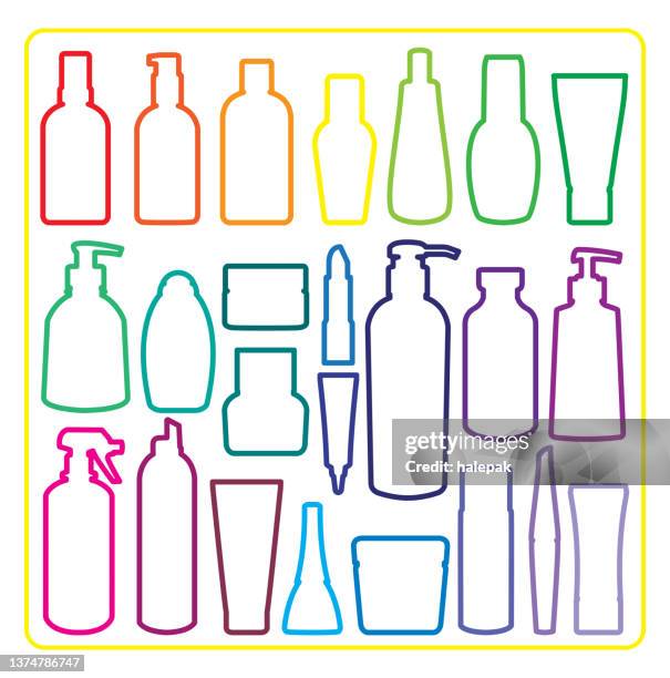 ilustraciones, imágenes clip art, dibujos animados e iconos de stock de coloridas siluetas de botellas cosméticas - cosmética