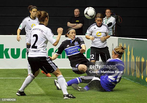 Gina Lewandowski, Aferdita Kameraj, Meike Weber and Desiree Schumann battle for the ball during the DFB Women's Indoor Cup at GETEC-Arena on January...