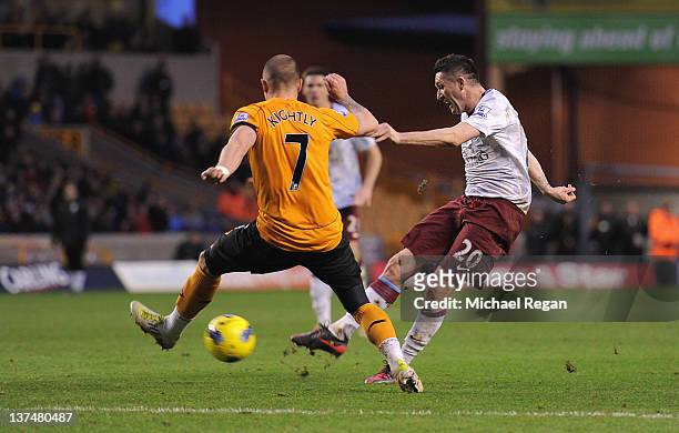 Robbie Keane of Aston Villa scores to make it 3-2 during the Barclays Premier League match between Wolverhampton Wanderers and Aston Villa at...