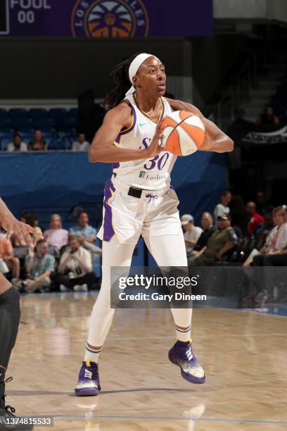 Nneka Ogwumike of the Los Angeles Sparks handles the ball during the game against the Chicago Sky on June 30, 2023 at the Wintrust Arena in Chicago,...