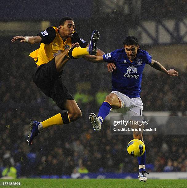 Tim Cahill of Everton in action with Steven Nzonzi of Blackburn Rovers during the Barclays Premier League match between Everton and Blackburn Rovers...