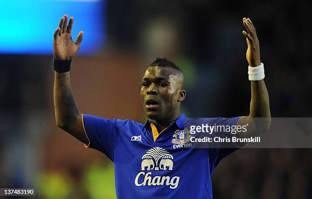 Royston Drenthe of Everton reacts during the Barclays Premier League match between Everton and Blackburn Rovers at Goodison Park on January 21, 2012...