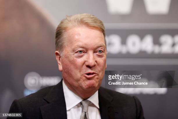 Promoter Frank Warren speaks during the Tyson Fury v Dillian Whyte press conference at Wembley Stadium on March 01, 2022 in London, England.