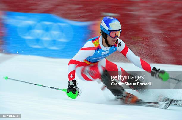 Sandro Simonet of Switzerland wins the men's Slalom event on January 21, 2012 in Patscherkofel, Austria.
