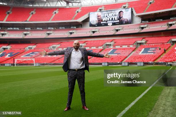 Tyson Fury poses for a portrait during the Tyson Fury v Dillian Whyte press conference at Wembley Stadium on March 01, 2022 in London, England.