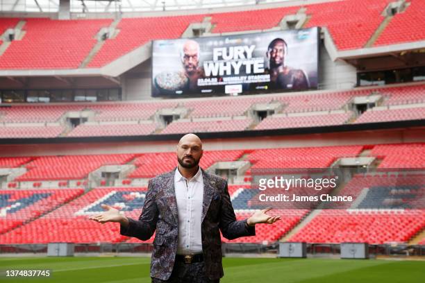 Tyson Fury poses for a portrait during the Tyson Fury v Dillian Whyte press conference at Wembley Stadium on March 01, 2022 in London, England.
