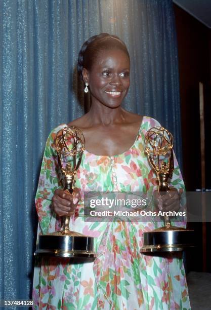 Actress Cicely Tyson holds the two Emmy Awards that she won for her performance in "The Autobiography Of Miss Jane Pittman" on May 28, 1974 in Los...