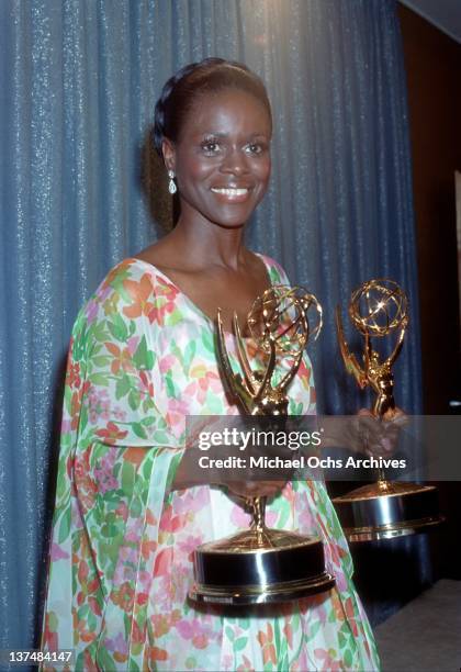 Actress Cicely Tyson holds the two Emmy Awards that she won for her performance in "The Autobiography Of Miss Jane Pittman" on May 28, 1974 in Los...