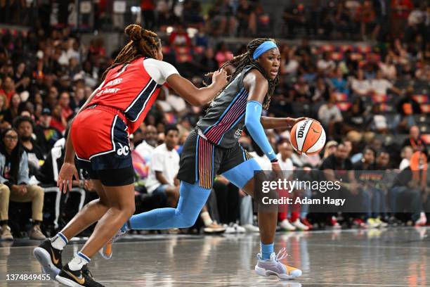 Rhyne Howard of the Atlanta Dream moves the ball during the game against the Washington Mystics on June 30, 2023 at Gateway Center Arena at College...