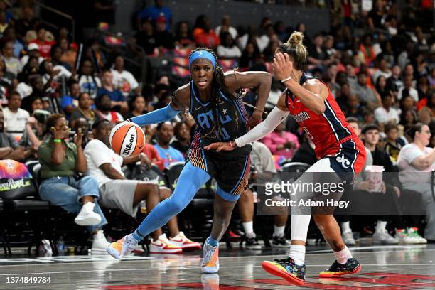 Rhyne Howard of the Atlanta Dream drives to the basket during the game against the Washington Mystics on June 30, 2023 at Gateway Center Arena at...