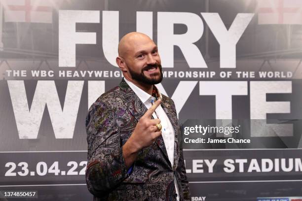 Tyson Fury gestures during the Tyson Fury v Dillian Whyte press conference at Wembley Stadium on March 01, 2022 in London, England.