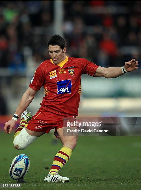 James Hook of Perpignan in action during the Amlin Challenge Cup match between Exeter Chiefs and Perpignan at Sandy Park on January 21, 2012 in...