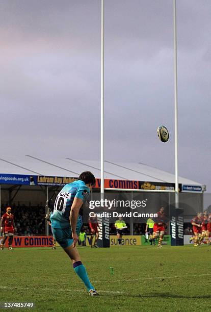 Ignacio Mieres of Exeter Chiefs takes a conversion kick during the Amlin Challenge Cup match between Exeter Chiefs and Perpignan at Sandy Park on...