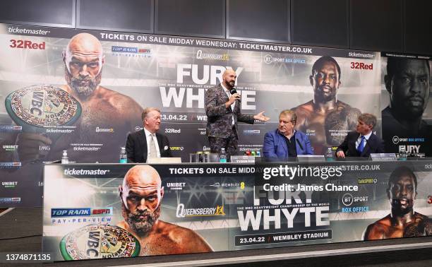 Tyson Fury speaks to the media during the Tyson Fury v Dillian Whyte press conference at Wembley Stadium on March 01, 2022 in London, England.