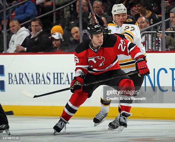 Cam Janssen of the New Jersey Devils skates against the Boston Bruins at the Prudential Center on January 19, 2012 in Newark, New Jersey.