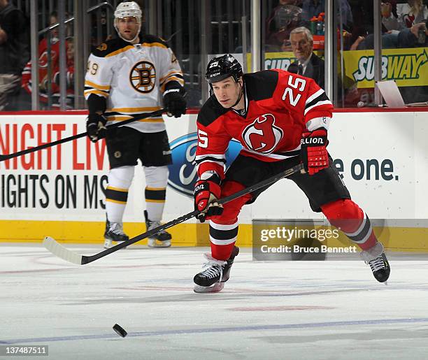 Cam Janssen of the New Jersey Devils skates against the Boston Bruins at the Prudential Center on January 19, 2012 in Newark, New Jersey.