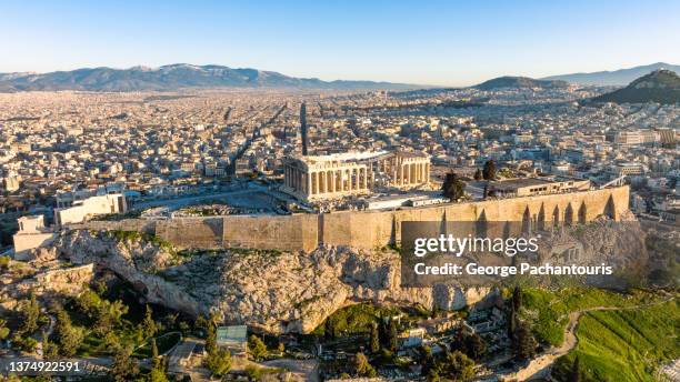 aerial photo of the acropolis of athens, greece - parthenon athens imagens e fotografias de stock