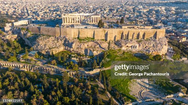 aerial photo of the acropolis of athens, greece - parthenon athens imagens e fotografias de stock