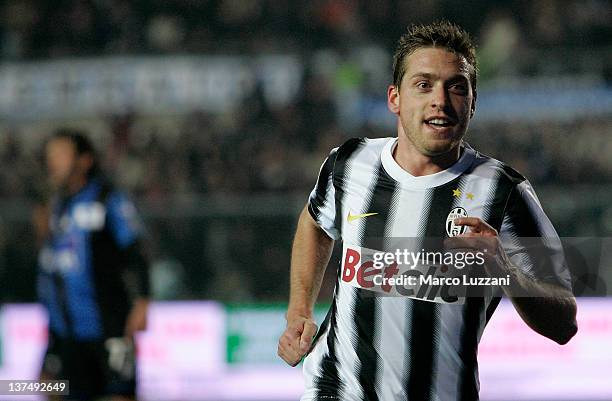 Emanuele Giaccherini of Juventus FC celebrates his goal during the Serie A match between Atalanta BC and Juventus FC at Stadio Atleti Azzurri...