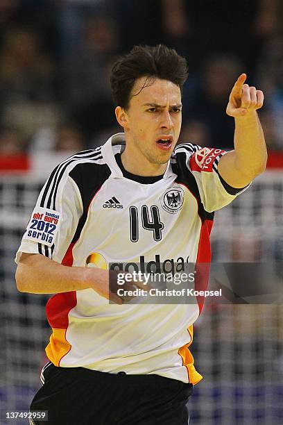 Patrick Groetzki of Germany celebrates a goal during the Men's European Handball Championship second round group one match between Serbia anhd...