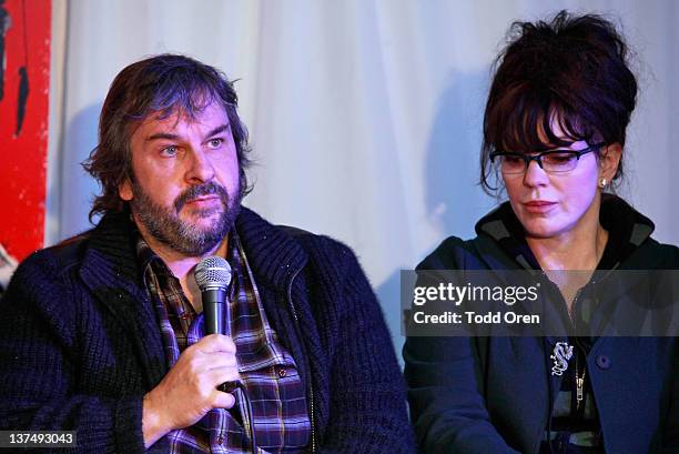 Producers Peter Jackson and Fran Walsh speak at the "West Of Memphis" Press Conference at Blue Iguana on January 21, 2012 in Park City, Utah.