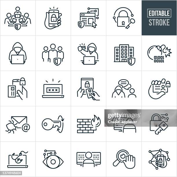 illustrazioni stock, clip art, cartoni animati e icone di tendenza di cybersecurity thin line icons - tratto modificabile - serrato