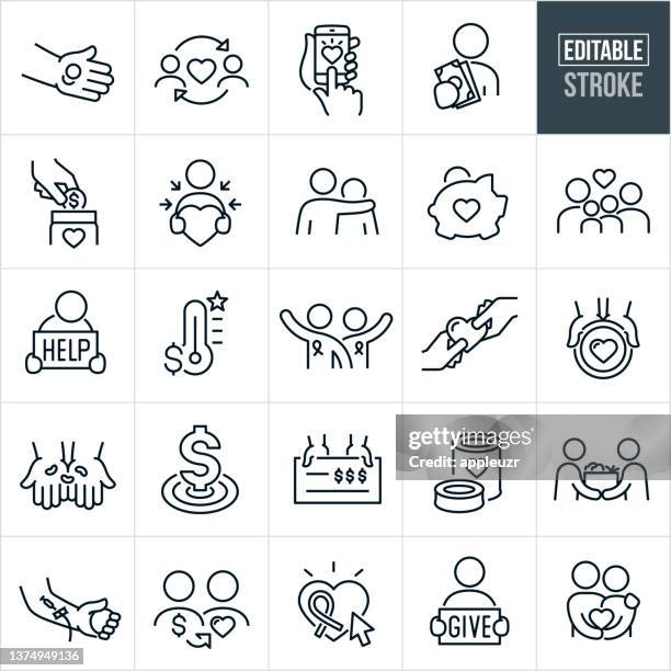 charity thin line icons-bearbeitbare stroke - fundraising stock-grafiken, -clipart, -cartoons und -symbole