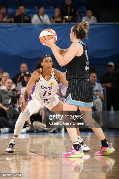 Jasmine Thomas of the Los Angeles Sparks plays defense against Marina Mabrey of the Chicago Sky during the game on June 30, 2023 at the Wintrust...