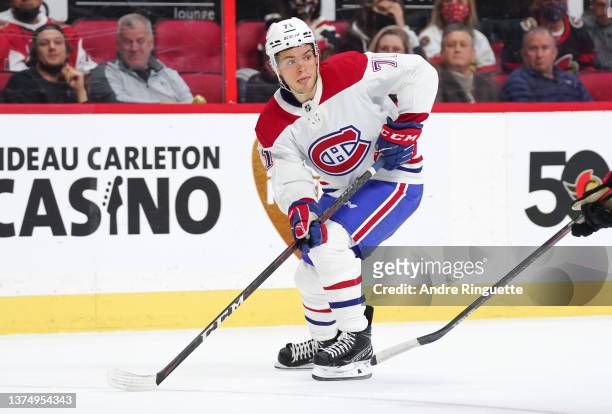 Jake Evans of the Montreal Canadiens skates against the Ottawa Senators at Canadian Tire Centre on February 26, 2022 in Ottawa, Ontario, Canada.
