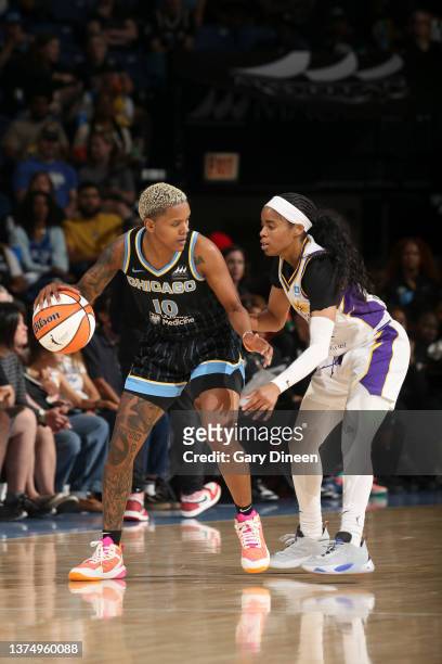 Courtney Williams of the Chicago Sky dribbles the ball during the game against the Los Angeles Sparks on June 30, 2023 at the Wintrust Arena in...